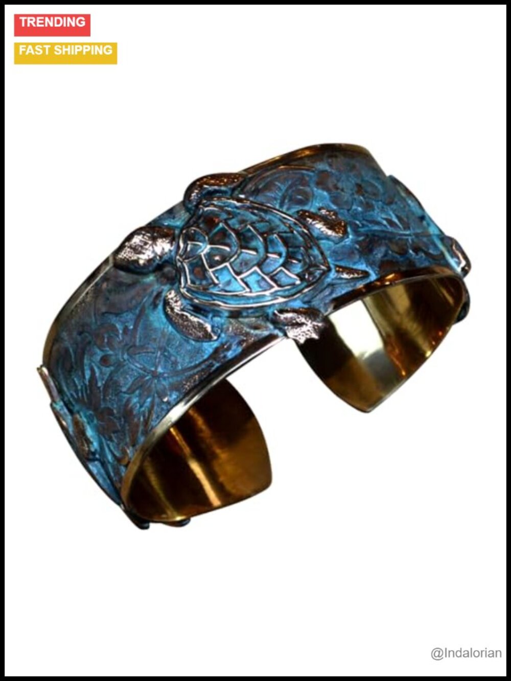Verdigris Patina Solid Brass Sea Turtle Cuff Bracelet Handmade USA
